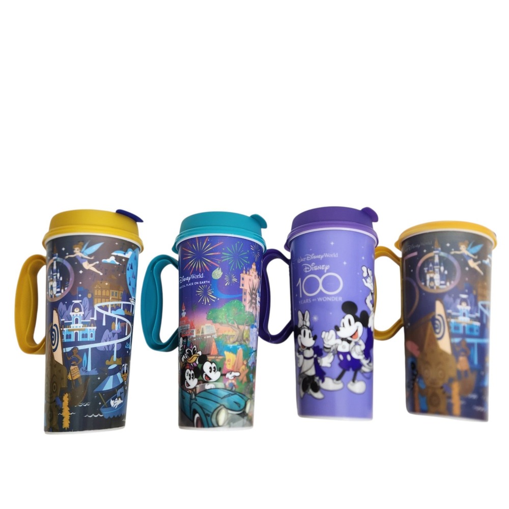 DISNEY WORLD 50 & 100 Years of Wonder Tumbler Travel Coffee Mug Cup Lid Set of 4
